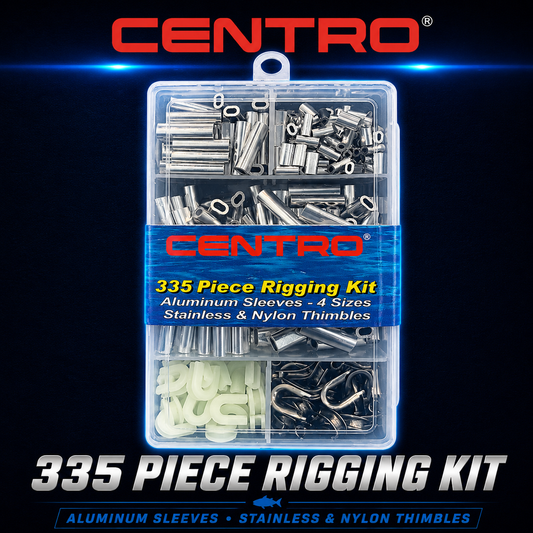 Centro 335 Piece Rigging Kit with aluminium crimp sleeves, stainless steel thimbles and nylon thimbles in a compartment storage case for rigging mono leaders and heavy-duty fishing traces.