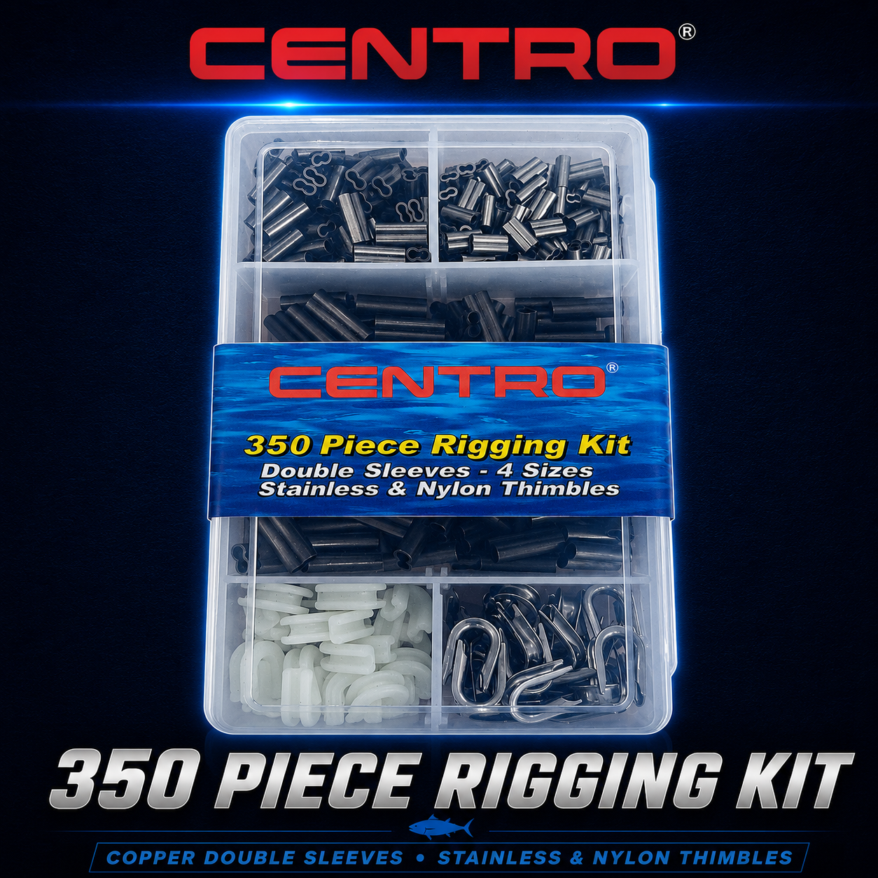 Centro 350 Piece Rigging Kit with copper double sleeves, stainless steel thimbles and nylon thimbles in a compartment storage case for making stainless wire fishing traces and game fishing rigs.