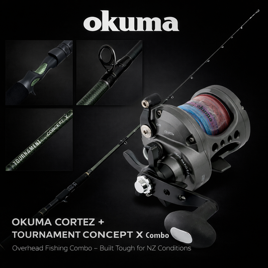 Okuma Cortez CZ-5CSA overhead reel paired with Okuma Tournament Concept 6–10kg overhead fishing rod combo