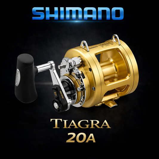 Shimano Tiagra 20A game fishing reel on black background with Shimano logo, premium two-speed offshore reel