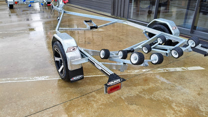 Rear view of DMW Premier 430 galvanised trailer showing LED lights