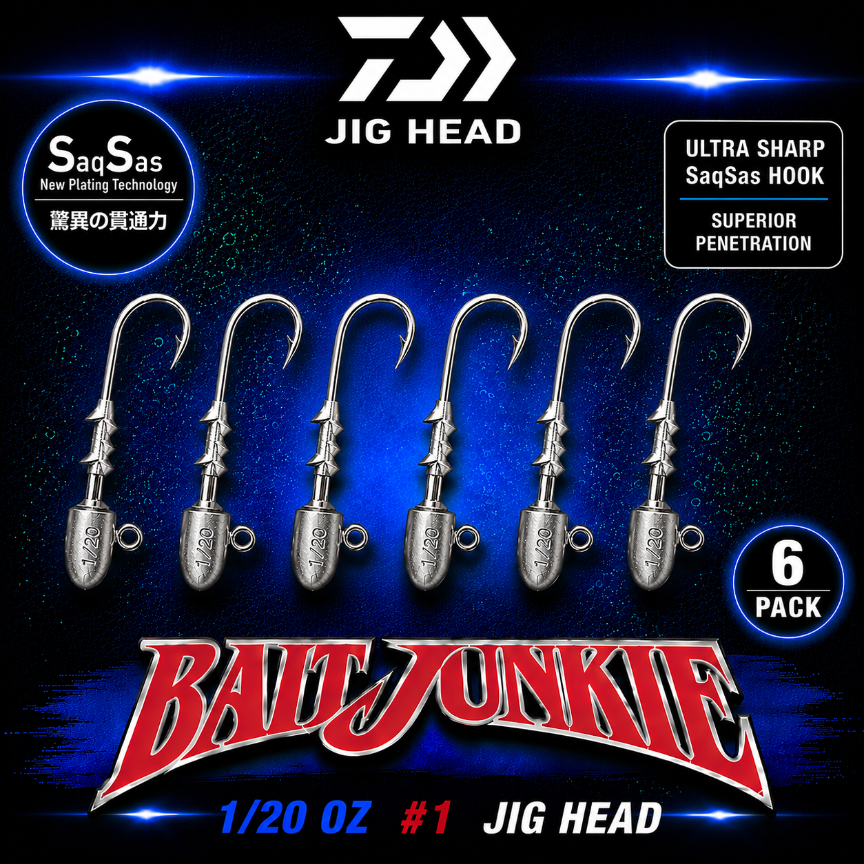 Daiwa Bait Junkie Jig Head 1/20oz #1 Hook 6 Pack featuring SaqSas ultra-sharp hook technology for maximum penetration and finesse soft bait fishing performance.