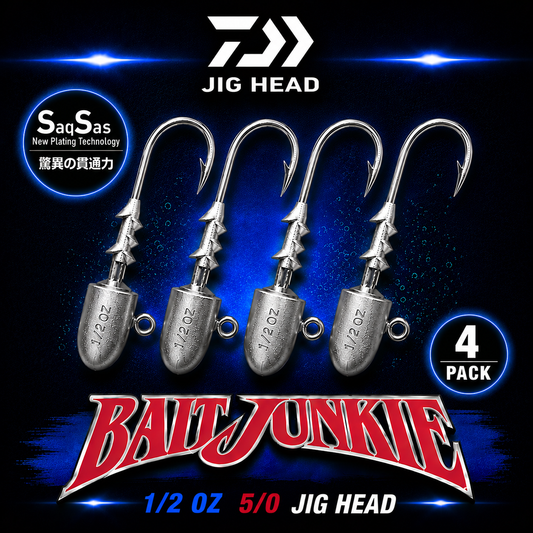 Daiwa Bait Junkie 1/2oz 5/0 Jig Heads 4 Pack featuring SaqSas hook technology and secure bait keeper system for soft bait fishing.