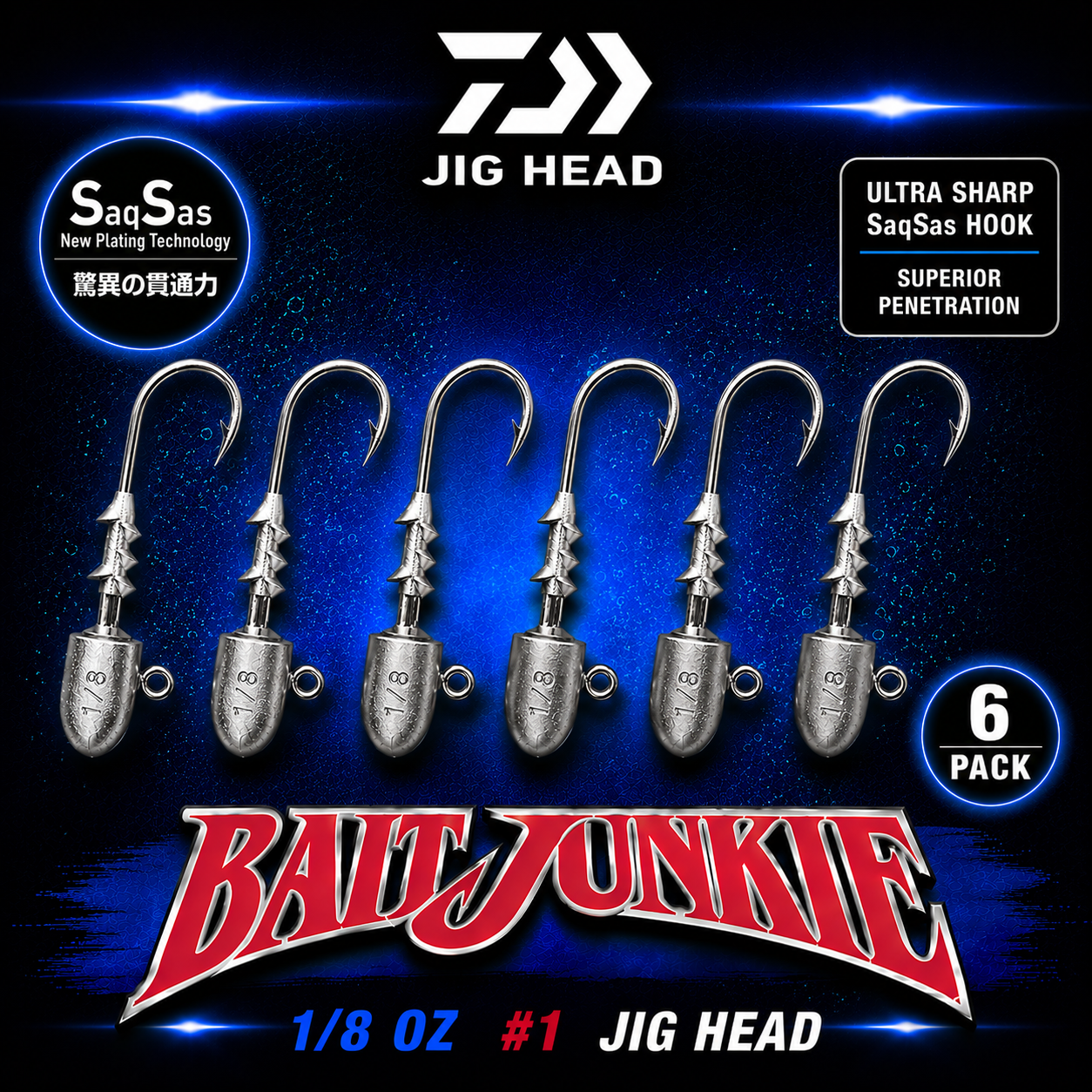 Daiwa Bait Junkie 1/8oz #1 Jig Heads 6 Pack featuring SaqSas hook technology and secure bait keeper system for soft bait fishing.