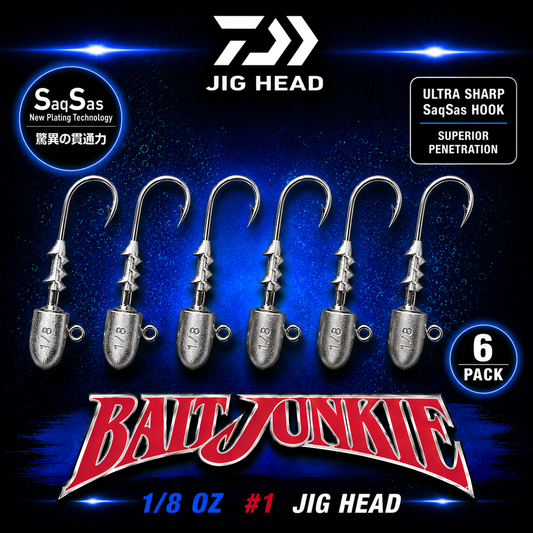 Daiwa Bait Junkie 1/8oz #1 Jig Heads 6 Pack featuring SaqSas hook technology and secure bait keeper system for soft bait fishing.
