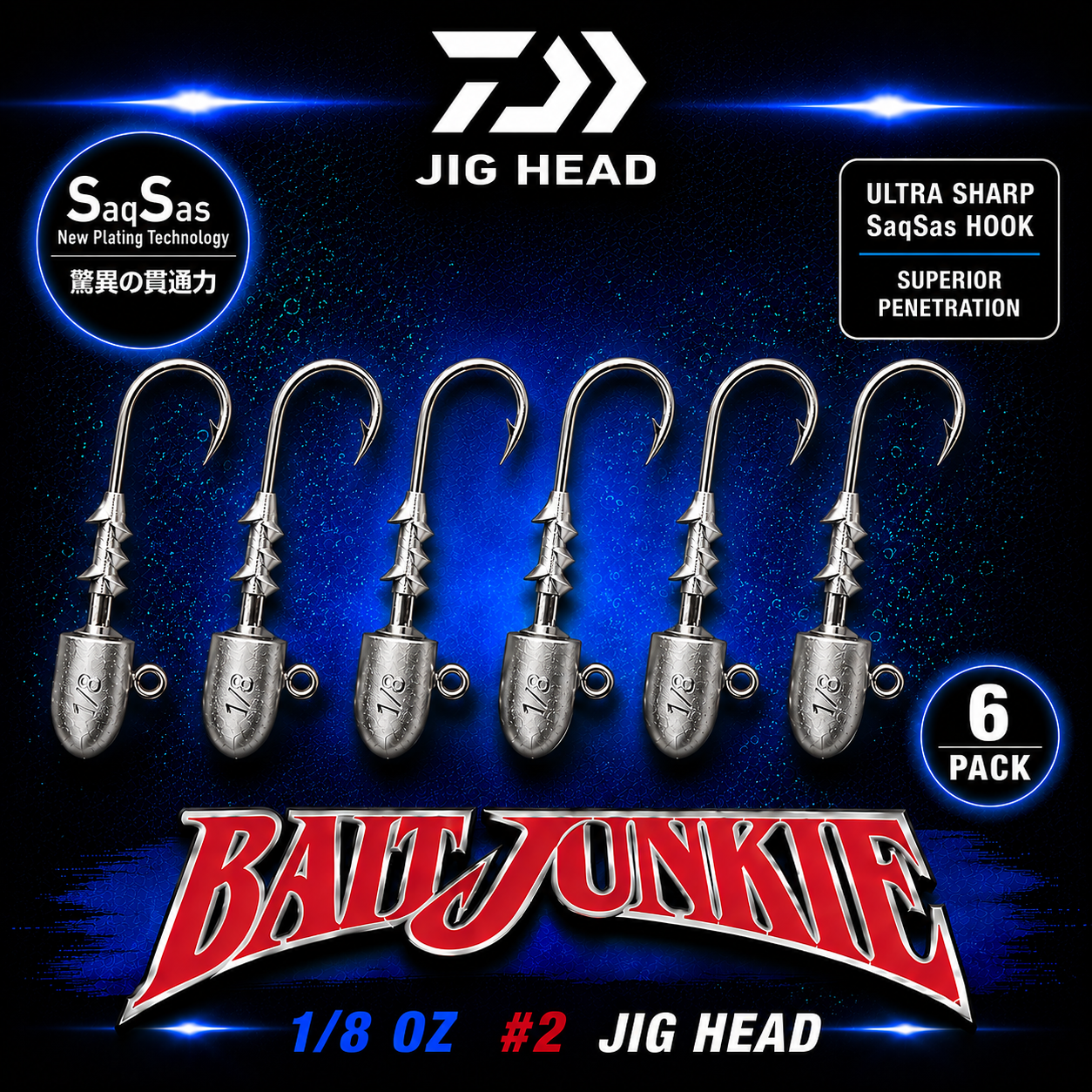 Daiwa Bait Junkie Jig Head 1/8oz #2 Hook 6 Pack featuring SaqSas ultra-sharp hook technology for superior penetration and reliable soft bait fishing performance.