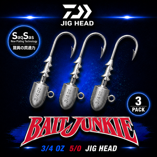 Daiwa Bait Junkie 3/4oz 5/0 Jig Heads 3 Pack featuring SaqSas hook technology and bait keeper system for soft bait fishing.