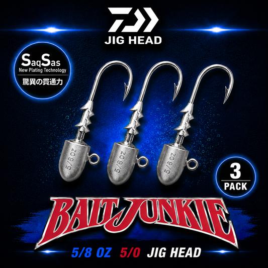 Daiwa Bait Junkie 5/8oz 5/0 Jig Heads feature ultra-sharp SaqSas hooks, secure bait keeper design and premium construction for soft bait fishing. Supplied in a convenient 3 pack.