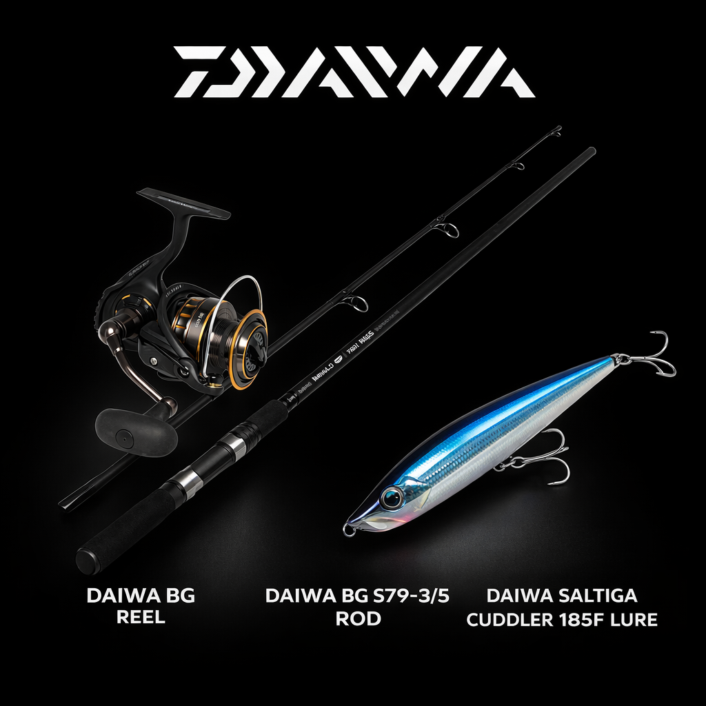 Daiwa BG reel with Daiwa BG S79-3/5 rod and Saltiga Cuddler 185F topwater lure combo