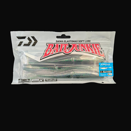 Baby Bass “Daiwa Bait Junkie Jerkshad 7 inch soft bait – lifelike baitfish profile with forked tail”