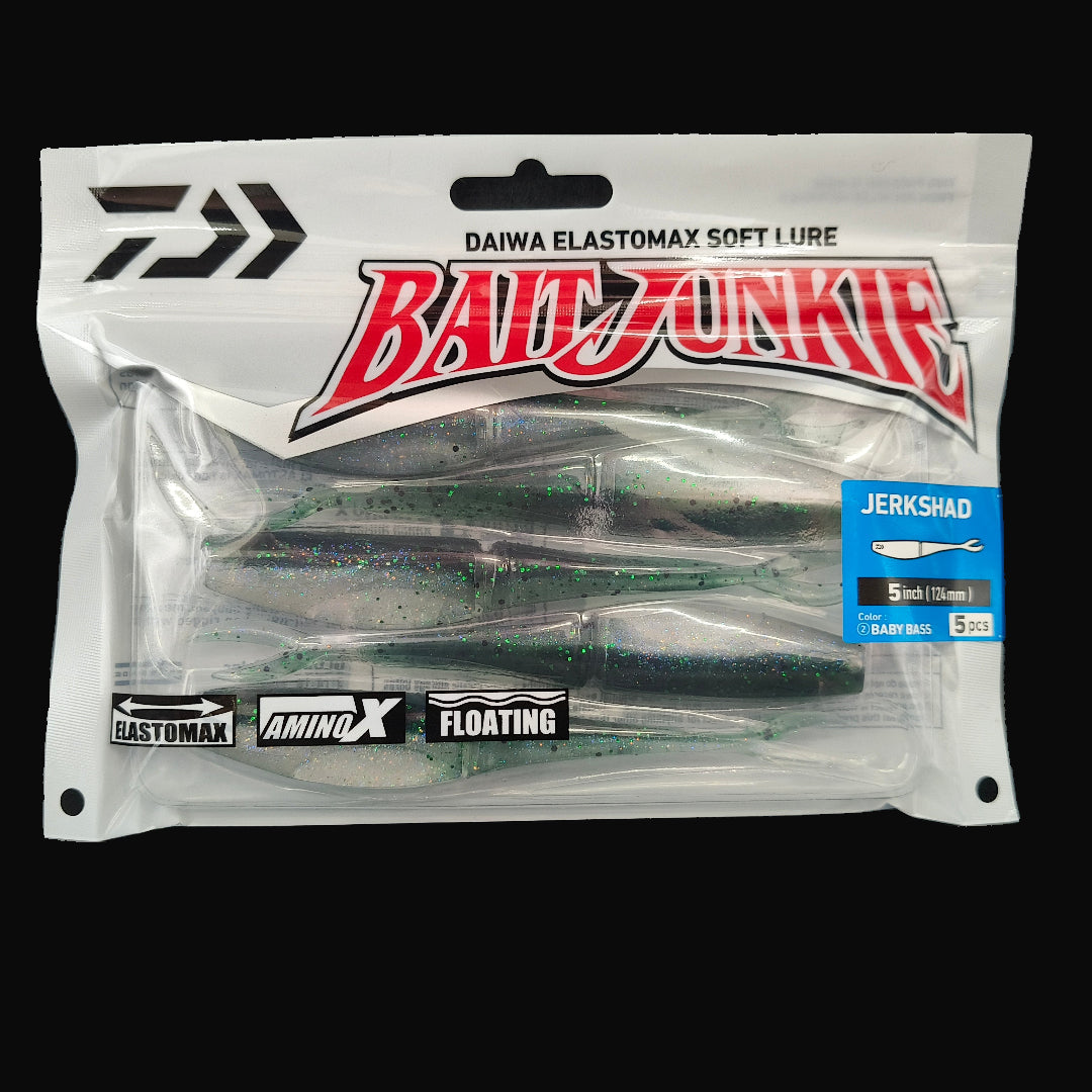Baby Bass “Daiwa Bait Junkie Jerkshad 5 inch soft bait – lifelike baitfish profile with forked tail”