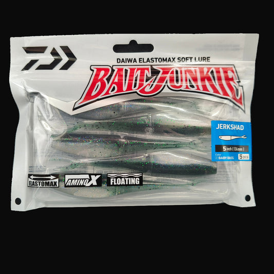 Baby Bass “Daiwa Bait Junkie Jerkshad 5 inch soft bait – lifelike baitfish profile with forked tail”