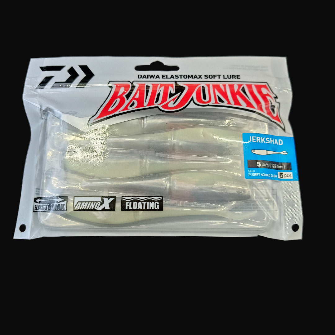 Grey Nomad Glow “Daiwa Bait Junkie Jerkshad 5 inch soft bait – lifelike baitfish profile with forked tail”