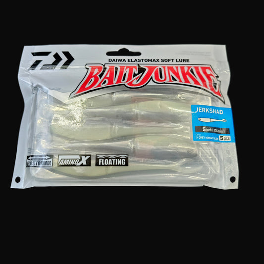 Grey Nomad Glow “Daiwa Bait Junkie Jerkshad 5 inch soft bait – lifelike baitfish profile with forked tail”