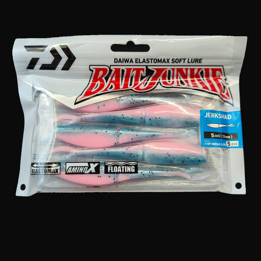 Iwashi Glow “Daiwa Bait Junkie Jerkshad 5 inch soft bait – lifelike baitfish profile with forked tail”