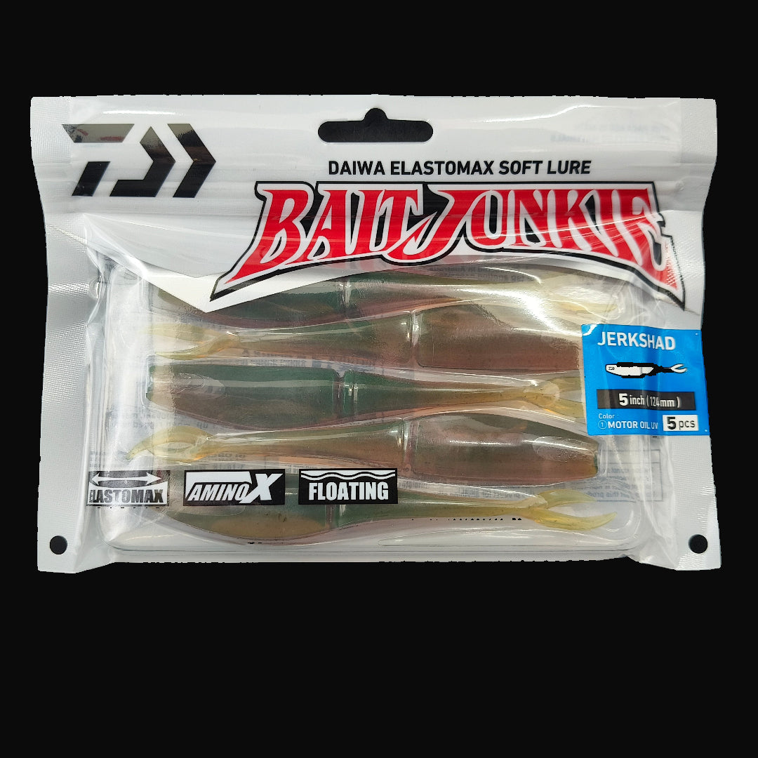 Motor Oil “Daiwa Bait Junkie Jerkshad 5 inch soft bait – lifelike baitfish profile with forked tail”