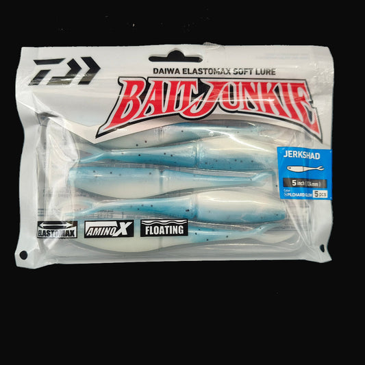 Pilchard Glow“Daiwa Bait Junkie Jerkshad 5 inch soft bait – lifelike baitfish profile with forked tail”