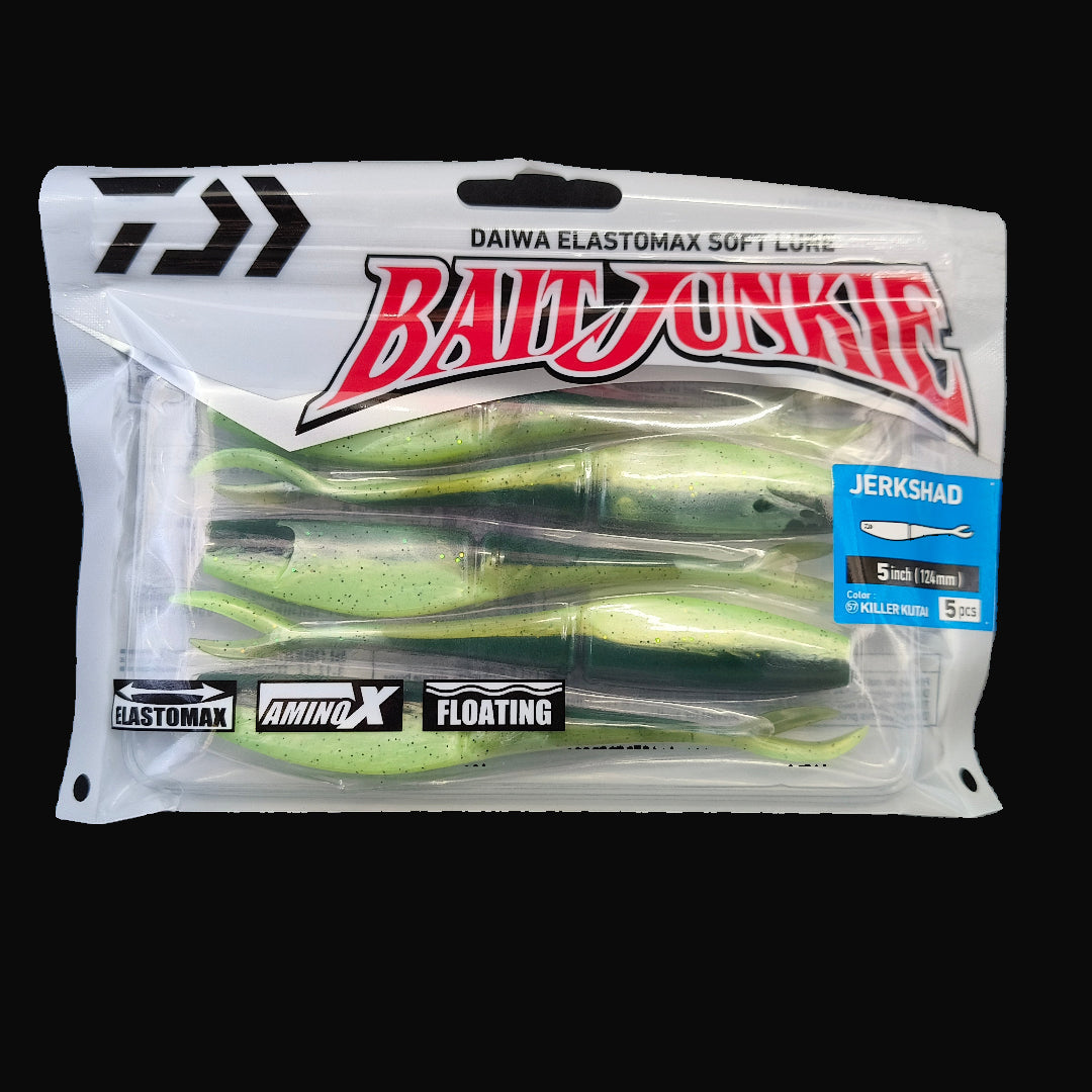 Killer Kutai “Daiwa Bait Junkie Jerkshad 5 inch soft bait – lifelike baitfish profile with forked tail”