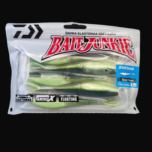 Killer Kutai “Daiwa Bait Junkie Jerkshad 5 inch soft bait – lifelike baitfish profile with forked tail”
