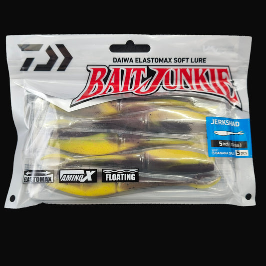 Banana Split “Daiwa Bait Junkie Jerkshad 5 inch soft bait – lifelike baitfish profile with forked tail”