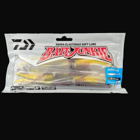 Banana Split “Daiwa Bait Junkie Jerkshad 7 inch soft bait – lifelike baitfish profile with forked tail”