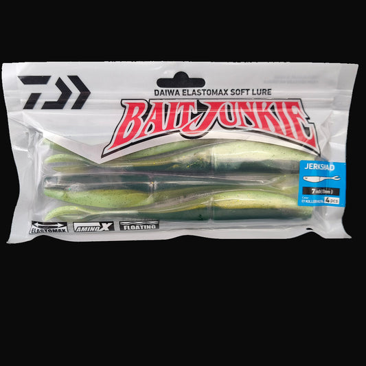 Killer Kutai “Daiwa Bait Junkie Jerkshad 7 inch soft bait – lifelike baitfish profile with forked tail”