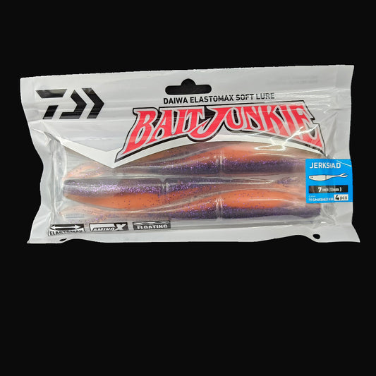Smashed Kina “Daiwa Bait Junkie Jerkshad 7 inch soft bait – lifelike baitfish profile with forked tail”