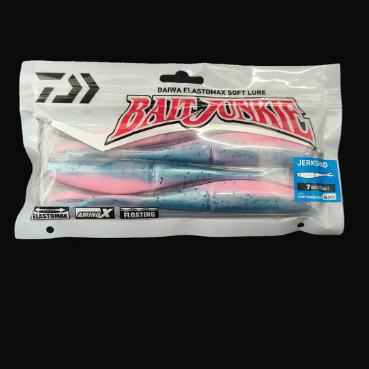 BP Iwashi Glow “Daiwa Bait Junkie Jerkshad 7 inch soft bait – lifelike baitfish profile with forked tail”