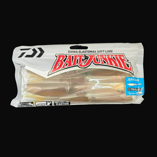 Motor Oil “Daiwa Bait Junkie Jerkshad 7 inch soft bait – lifelike baitfish profile with forked tail”