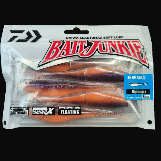 Smashed Kina “Daiwa Bait Junkie Jerkshad 5 inch soft bait – lifelike baitfish profile with forked tail”