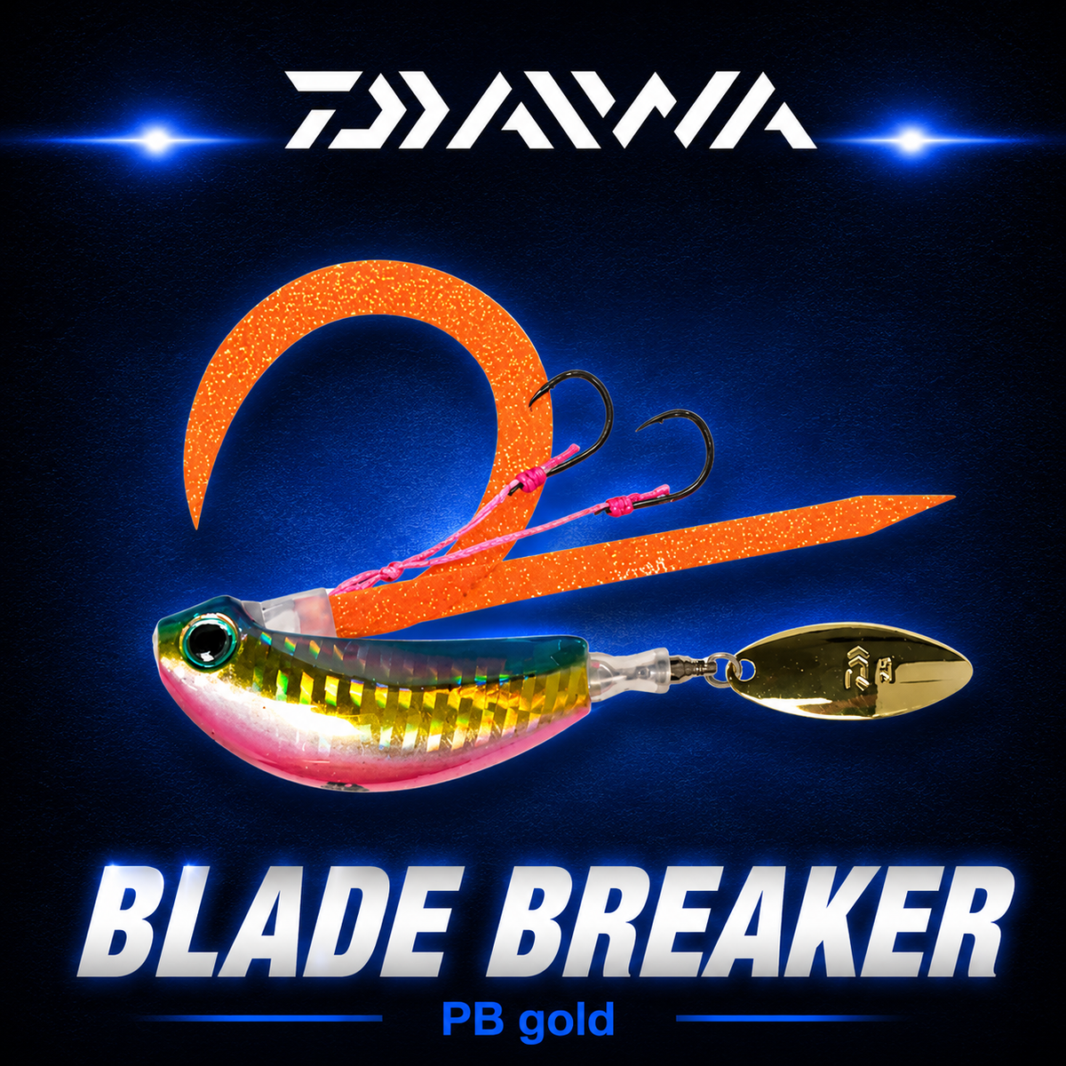 Daiwa Blade Breaker PB Gold fishing lure with orange glitter tail, twin assist hooks and gold spinner blade.