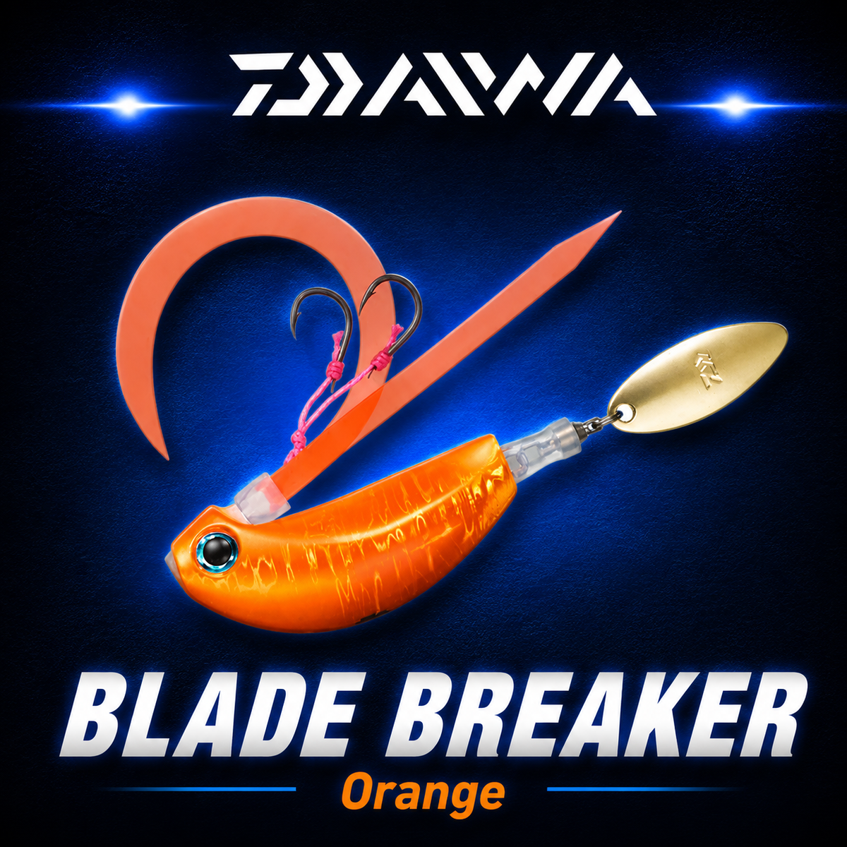 Daiwa Blade Breaker Orange fishing lure with orange soft tails, twin assist hooks and gold spinner blade.