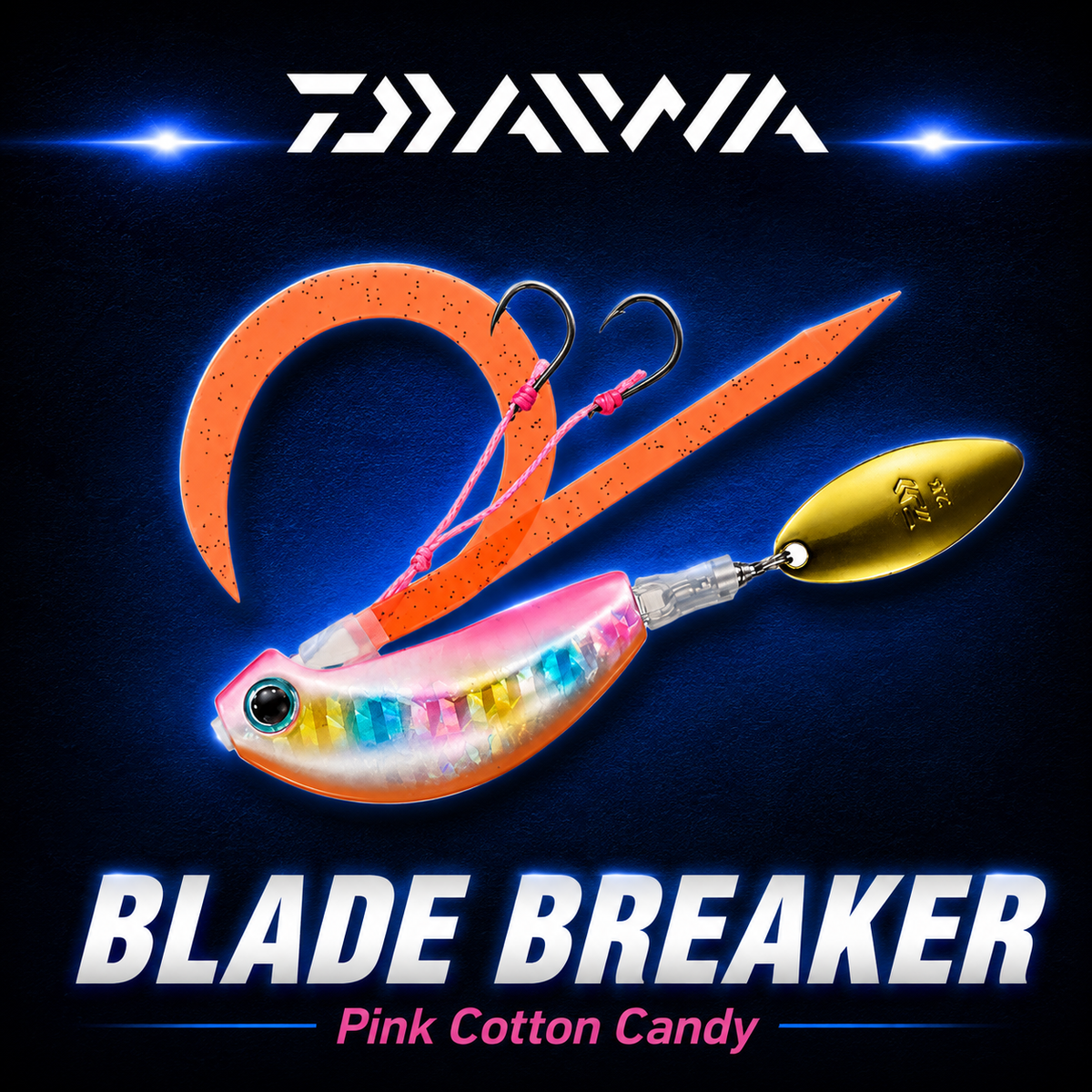 Daiwa Blade Breaker Pink Cotton Candy fishing lure with holographic body, orange soft tails, twin assist hooks and gold spinner blade.