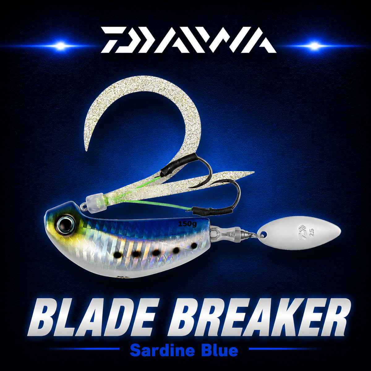 Daiwa Blade Breaker Sardine Blue bladed fishing lure with assist hooks, soft tail and spinner blade.