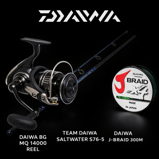 Daiwa BG MQ 14000 spinning reel with Team Daiwa Saltwater S76-5 rod and Daiwa J-Braid 300m combo