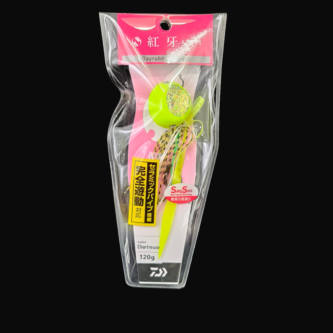 Daiwa Kohga Chartreuse 120g slow jig with skirts and assist hooks