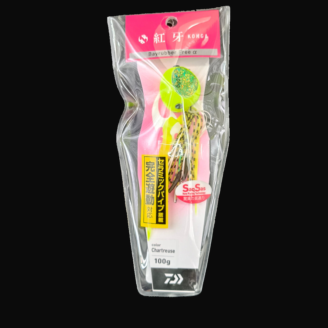 “Daiwa Kohga Chartreuse 100g slow jig with skirts and assist hooks”