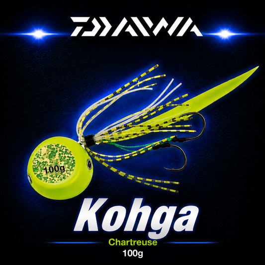 Daiwa Kohga Chartreuse 100g fishing jig with bright chartreuse head, reflective insert, striped skirt and twin assist hooks.