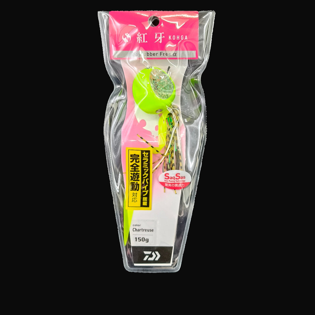 Daiwa Kohga Chartreuse 150g slow jig with skirts and assist hooks
