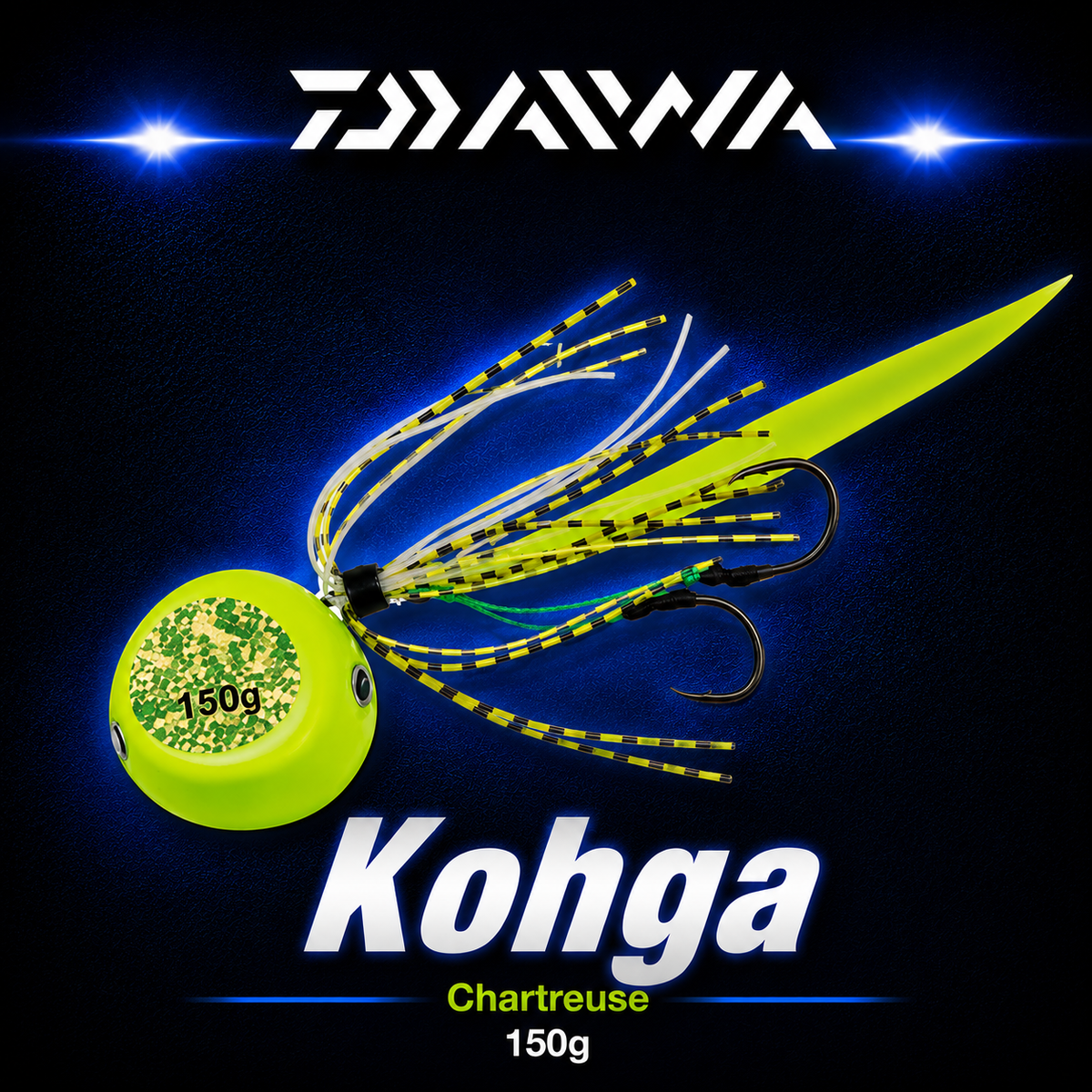 Daiwa Kohga Chartreuse 150g fishing jig with bright chartreuse head, reflective insert, striped skirt and twin assist hooks.