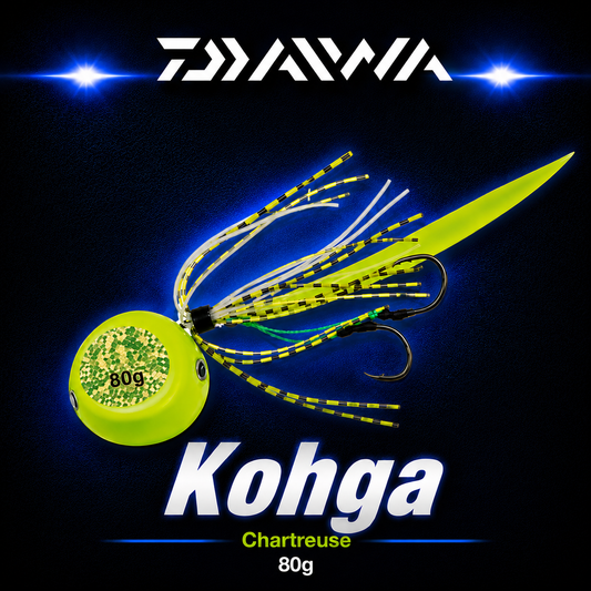 Daiwa Kohga Chartreuse 80g fishing jig with bright chartreuse head, reflective insert, striped skirt and twin assist hooks.