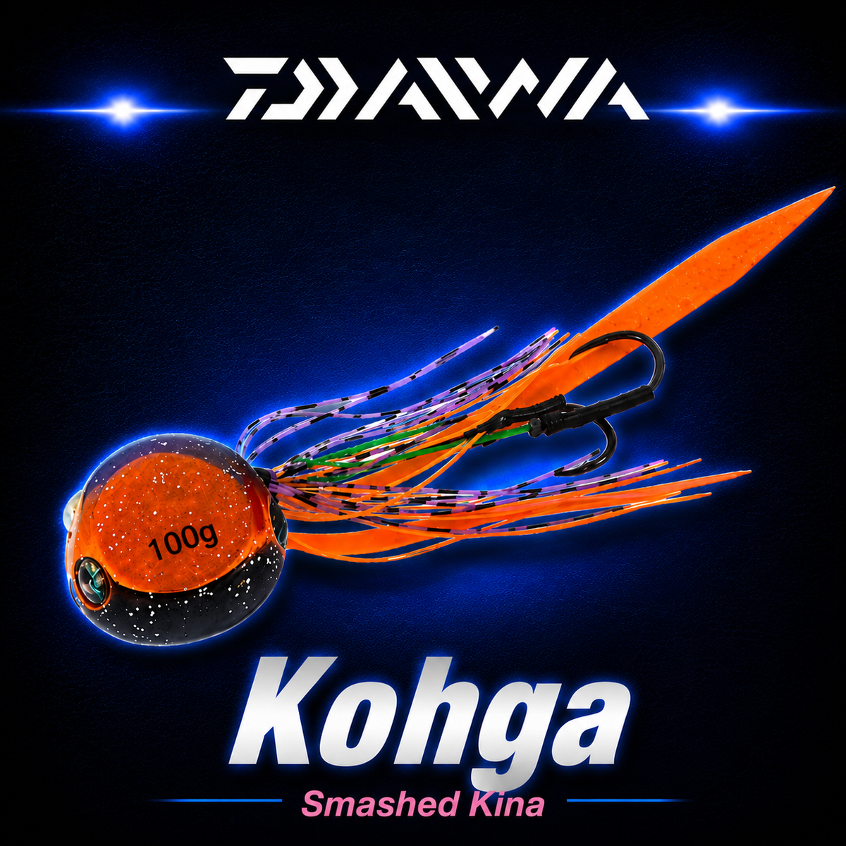Daiwa Kohga Smashed Kina 100g fishing jig with orange and black head, colourful skirt and twin assist hooks.