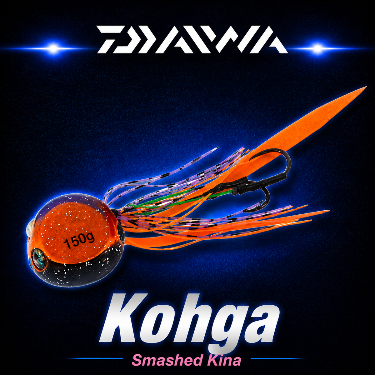 Daiwa Kohga Smashed Kina 150g fishing jig with orange and black head, colourful skirt and twin assist hooks.