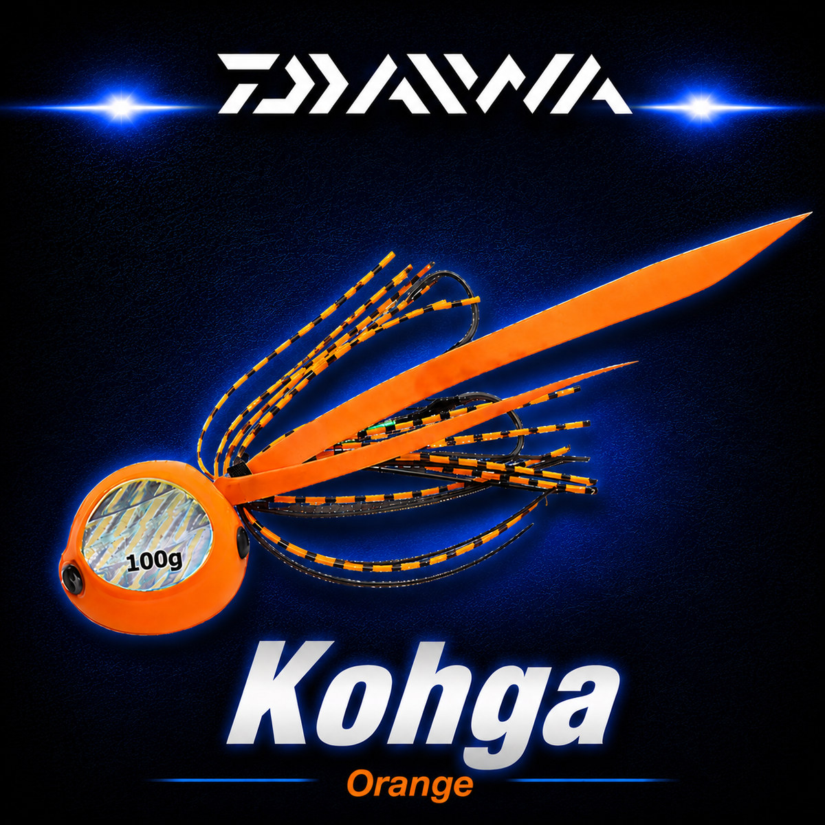 Daiwa Kohga Orange 100g fishing jig with bright orange head, holographic insert, orange and black skirt and twin assist hooks.