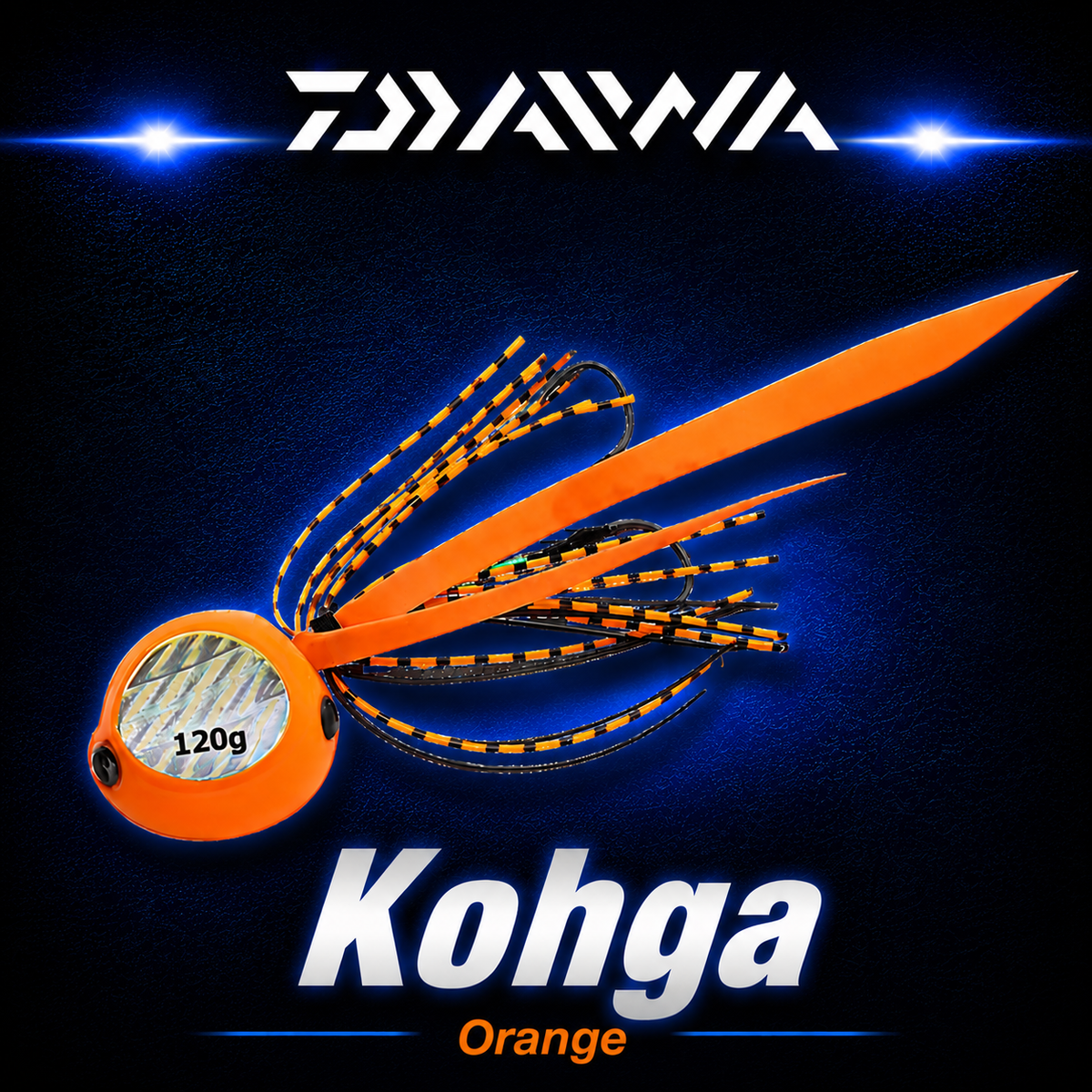 Daiwa Kohga Orange 120g fishing jig with bright orange head, holographic insert, orange skirt and twin assist hooks.