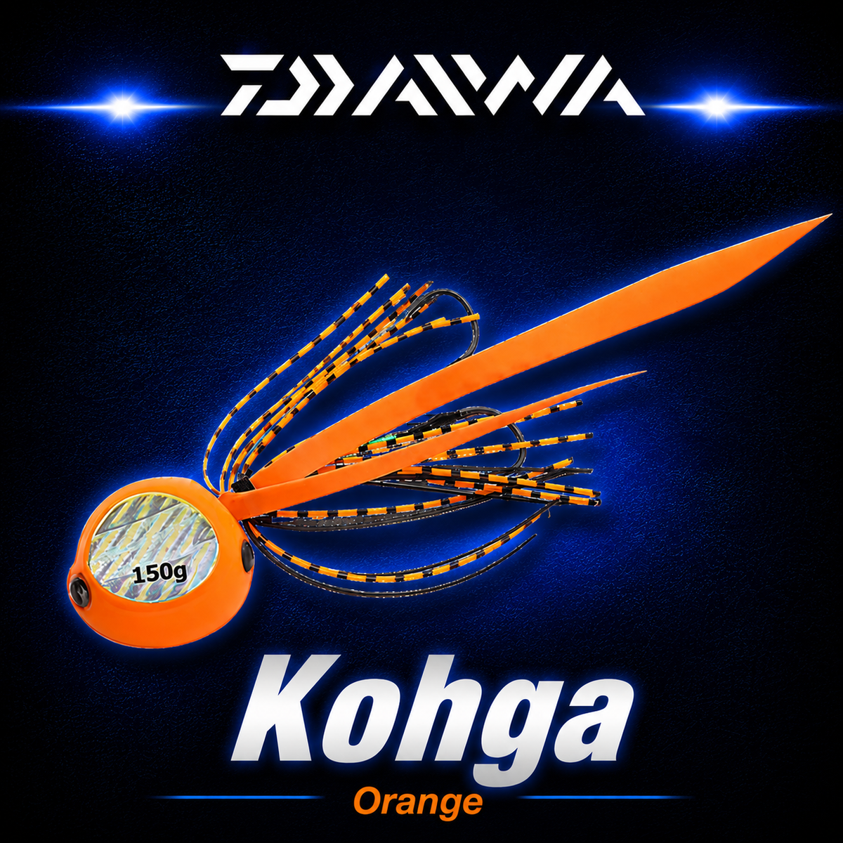 Daiwa Kohga Orange 150g fishing jig with bright orange head, holographic insert, orange skirt and twin assist hooks.