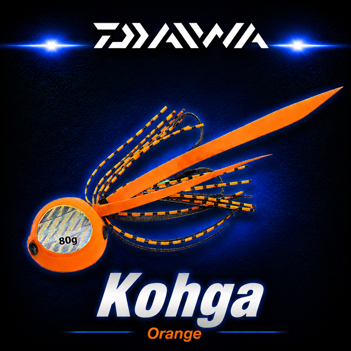 Daiwa Kohga Orange 80g fishing jig with bright orange head, holographic insert, orange and black skirt and twin assist hooks.