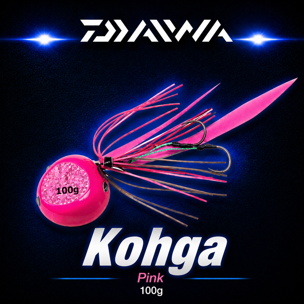 Daiwa Kohga Pink 100g fishing jig with bright pink head, reflective insert, flowing pink skirt and twin assist hooks.