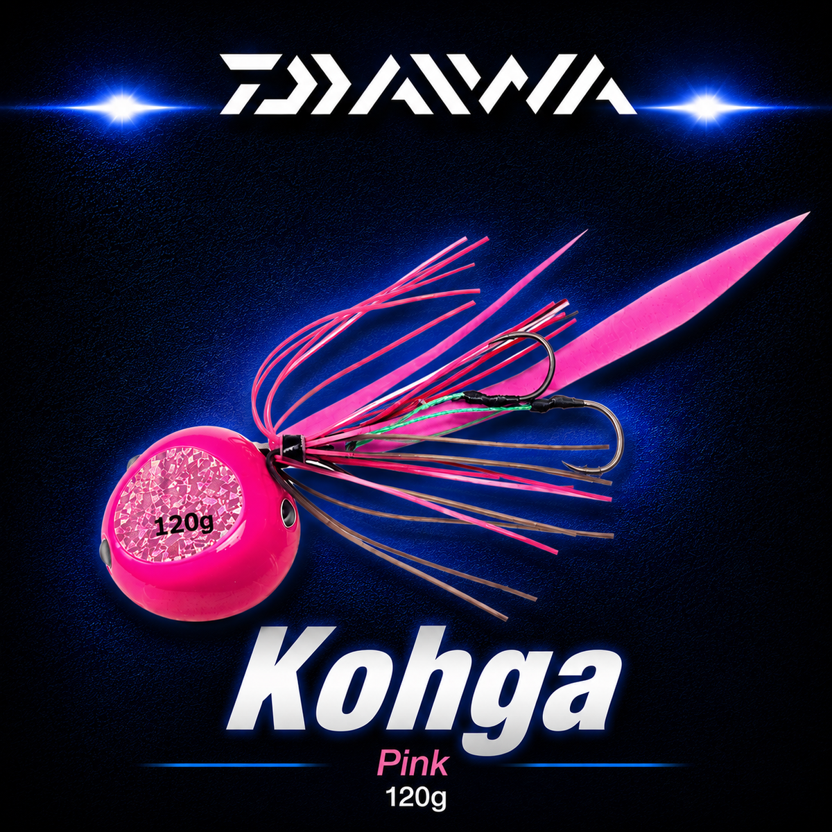 Daiwa Kohga Pink 120g fishing jig with bright pink head, reflective insert, pink skirt and twin assist hooks.