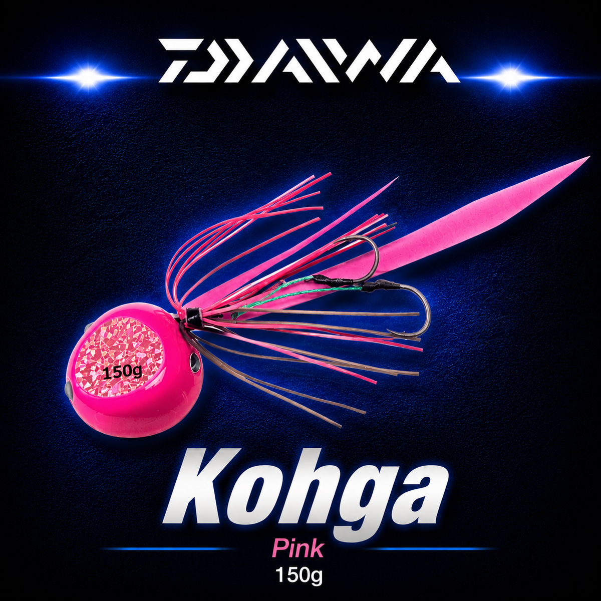 Daiwa Kohga Pink 150g fishing jig with bright pink head, reflective insert, pink skirt and twin assist hooks.